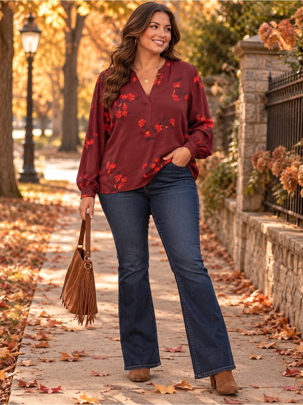 Ava & Viv Burgundy Floral Long Sleeve V Neck Blouse Size X Boho Fall